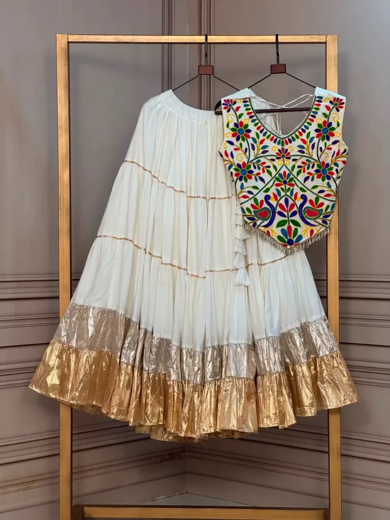 White Rayon Navratri Top Lehenga with Kutchi Work and Lampi Lace