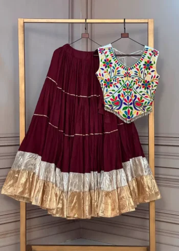Wine Rayon Navratri Top Lehenga with Kutchi Work and Lampi Lace