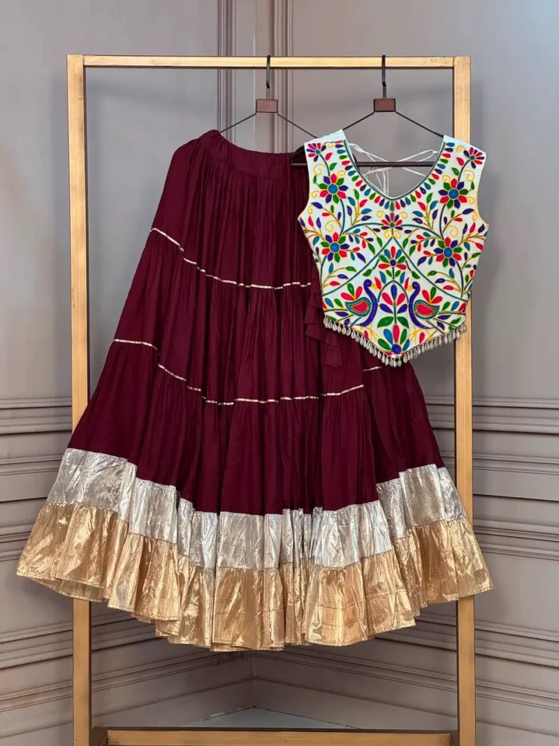 Wine Rayon Navratri Top Lehenga with Kutchi Work and Lampi Lace