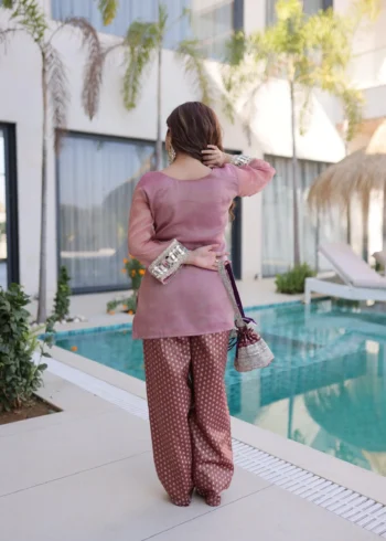 Peach Colour Ready Made Salasa Top Pant Set with Mirror Work and Matching Batwa back design
