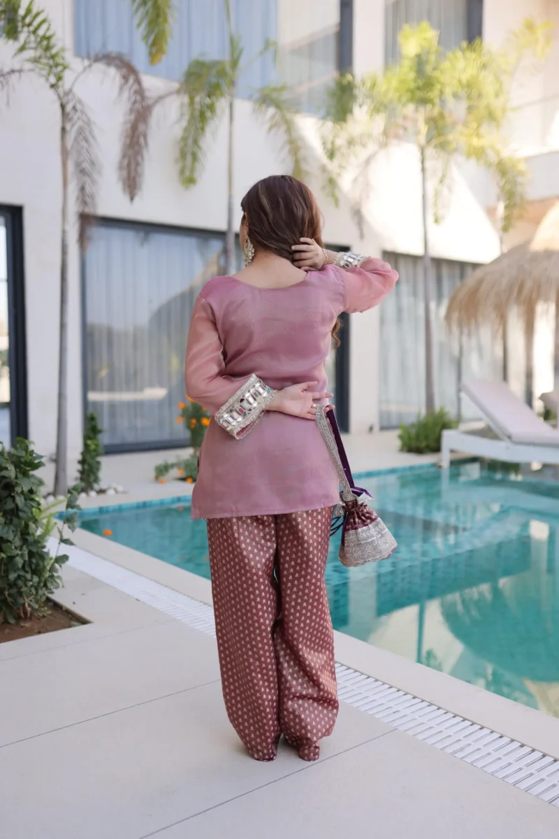 Peach Colour Ready Made Salasa Top Pant Set with Mirror Work and Matching Batwa back design