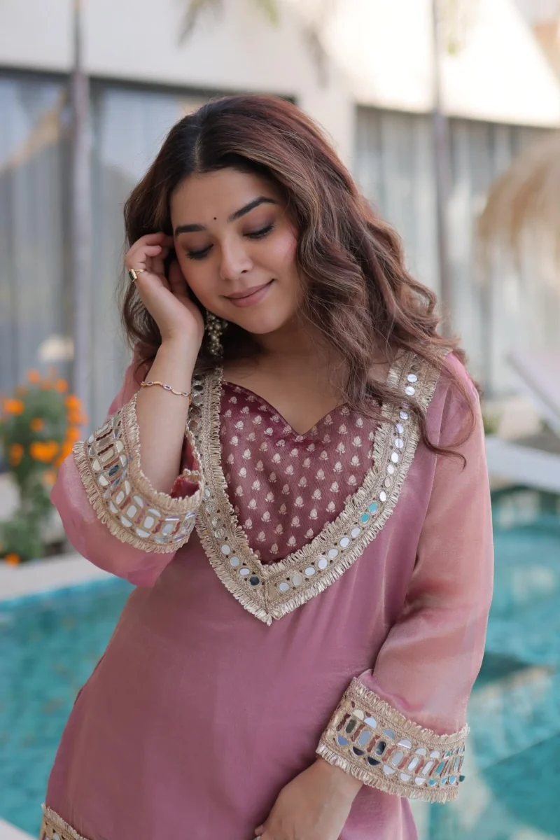 Peach Colour Ready Made Salasa Top Pant Set with Mirror Work and Matching Batwa close look