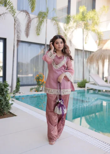 Peach Colour Ready Made Salasa Top Pant Set with Mirror Work and Matching Batwa full look