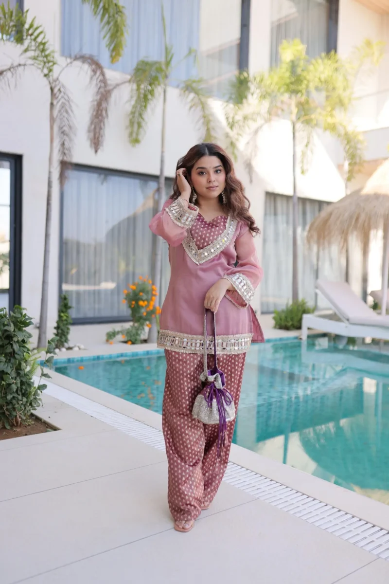 Peach Colour Ready Made Salasa Top Pant Set with Mirror Work and Matching Batwa full look