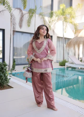 Peach Colour Ready Made Salasa Top Pant Set with Mirror Work and Matching Batwa front look