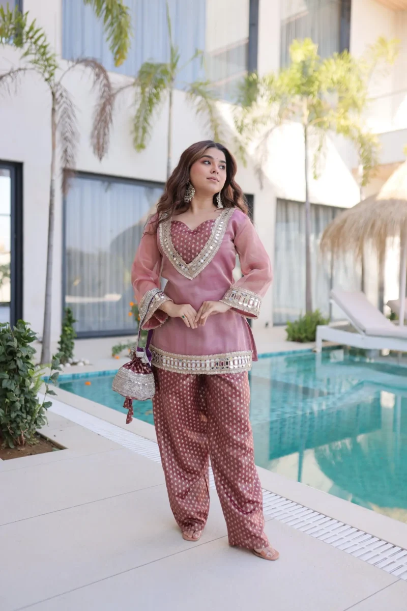 Peach Colour Ready Made Salasa Top Pant Set with Mirror Work and Matching Batwa front look