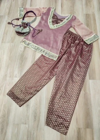 Peach Colour Ready Made Salasa Top Pant Set with Mirror Work and Matching Batwa live image