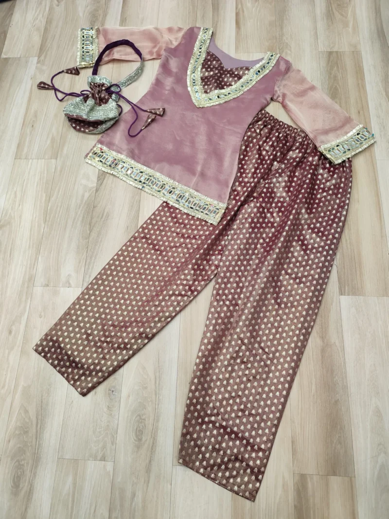 Peach Colour Ready Made Salasa Top Pant Set with Mirror Work and Matching Batwa live image