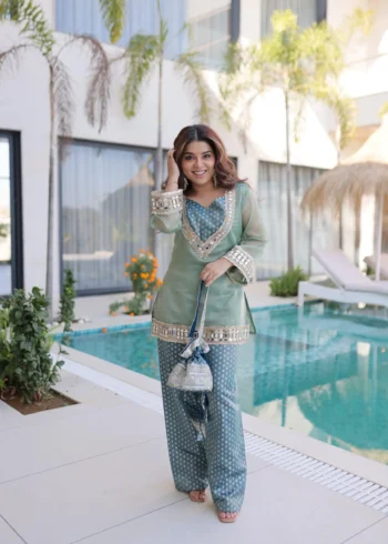 Sky blue Ready Made Salasa Top Pant Set with Mirror Work and Matching Batwa front design
