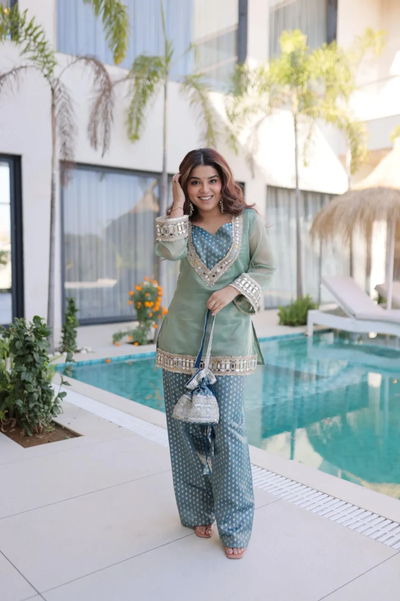Sky blue Ready Made Salasa Top Pant Set with Mirror Work and Matching Batwa front design