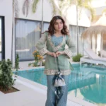 Sky blue Ready Made Salasa Top Pant Set with Mirror Work and Matching Batwa full look