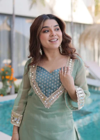 Sky blue Ready Made Salasa Top Pant Set with Mirror Work and Matching Batwa close look