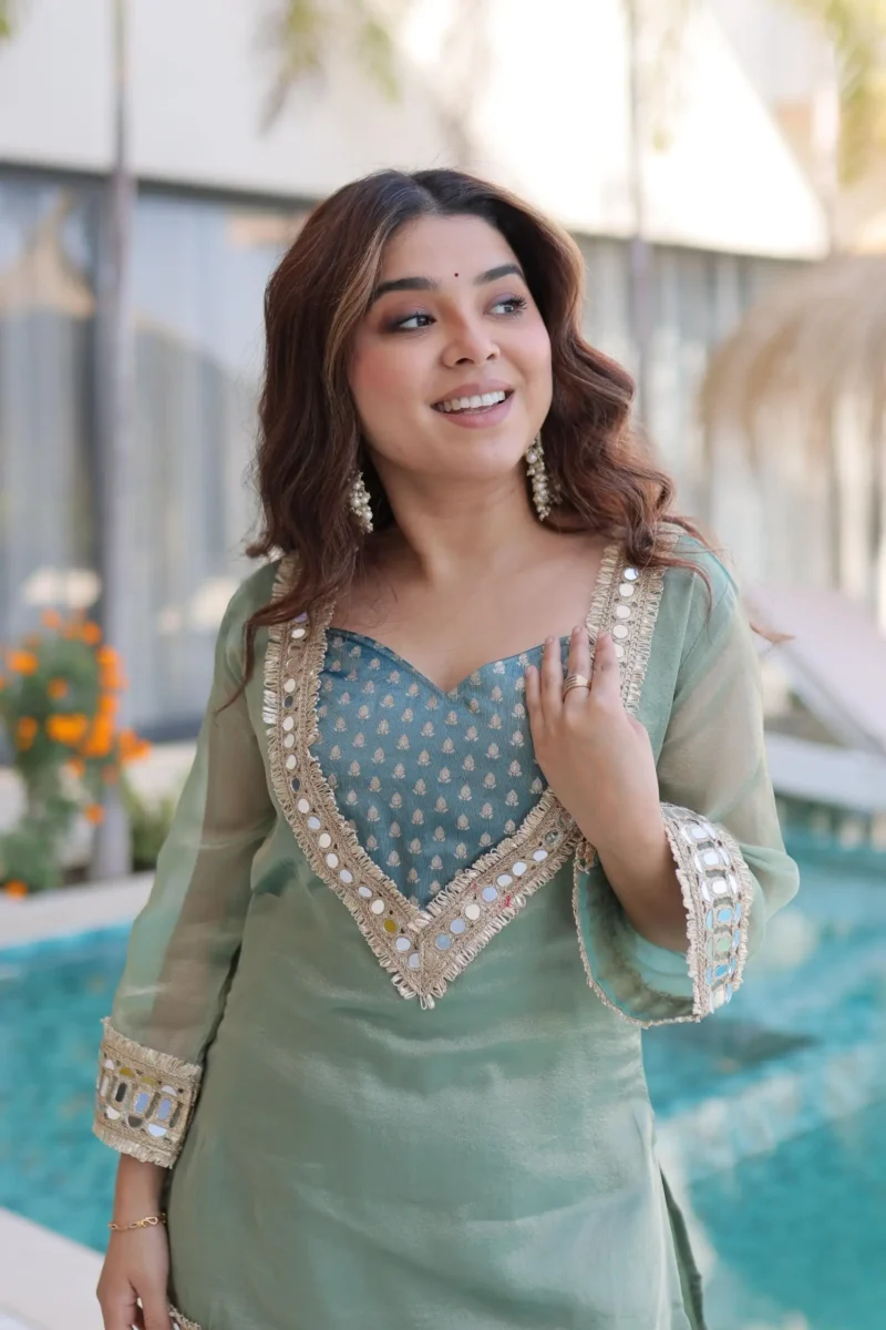 Sky blue Ready Made Salasa Top Pant Set with Mirror Work and Matching Batwa close look