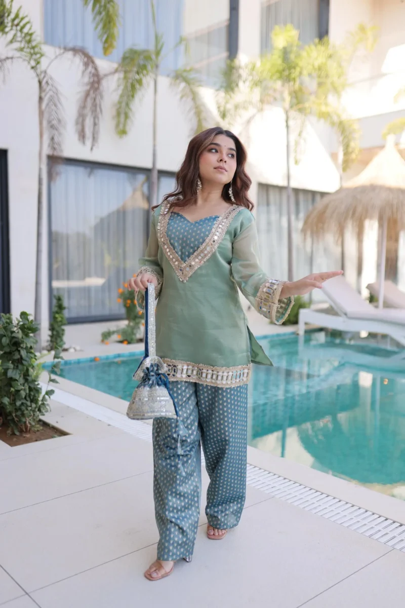 Sky blue Ready Made Salasa Top Pant Set with Mirror Work and Matching Batwa front look