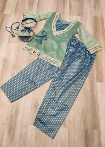 Sky blue Ready Made Salasa Top Pant Set with Mirror Work and Matching Batwa Live image