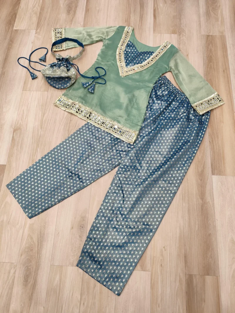 Sky blue Ready Made Salasa Top Pant Set with Mirror Work and Matching Batwa Live image