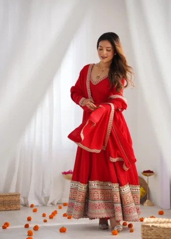 Red Blooming Vichitra Silk Anarkali Gown Set with Dupatta
