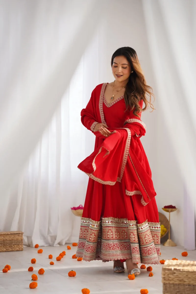 Red Blooming Vichitra Silk Anarkali Gown Set with Dupatta