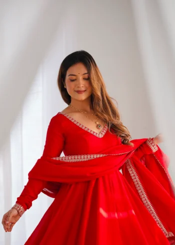 Red Blooming Vichitra Silk Anarkali Gown Set with Dupatta close look