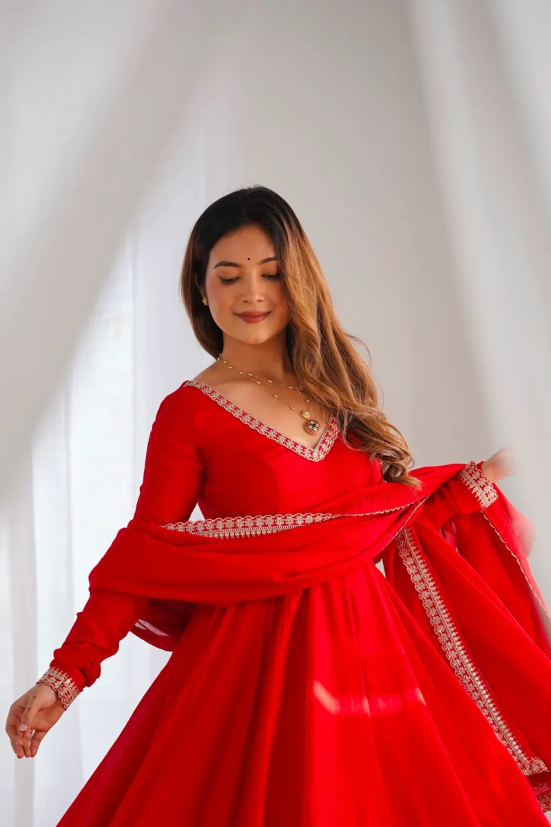Red Blooming Vichitra Silk Anarkali Gown Set with Dupatta close look