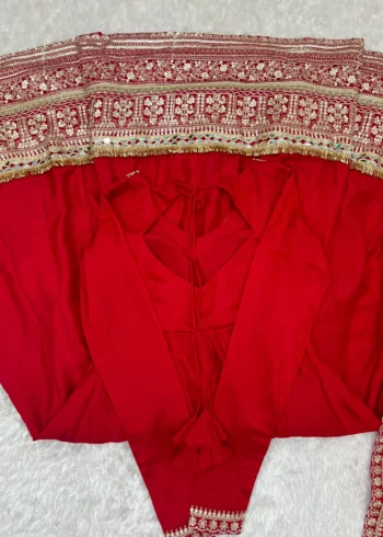 Red Blooming Vichitra Silk Anarkali Gown Set with Dupatta back and border design