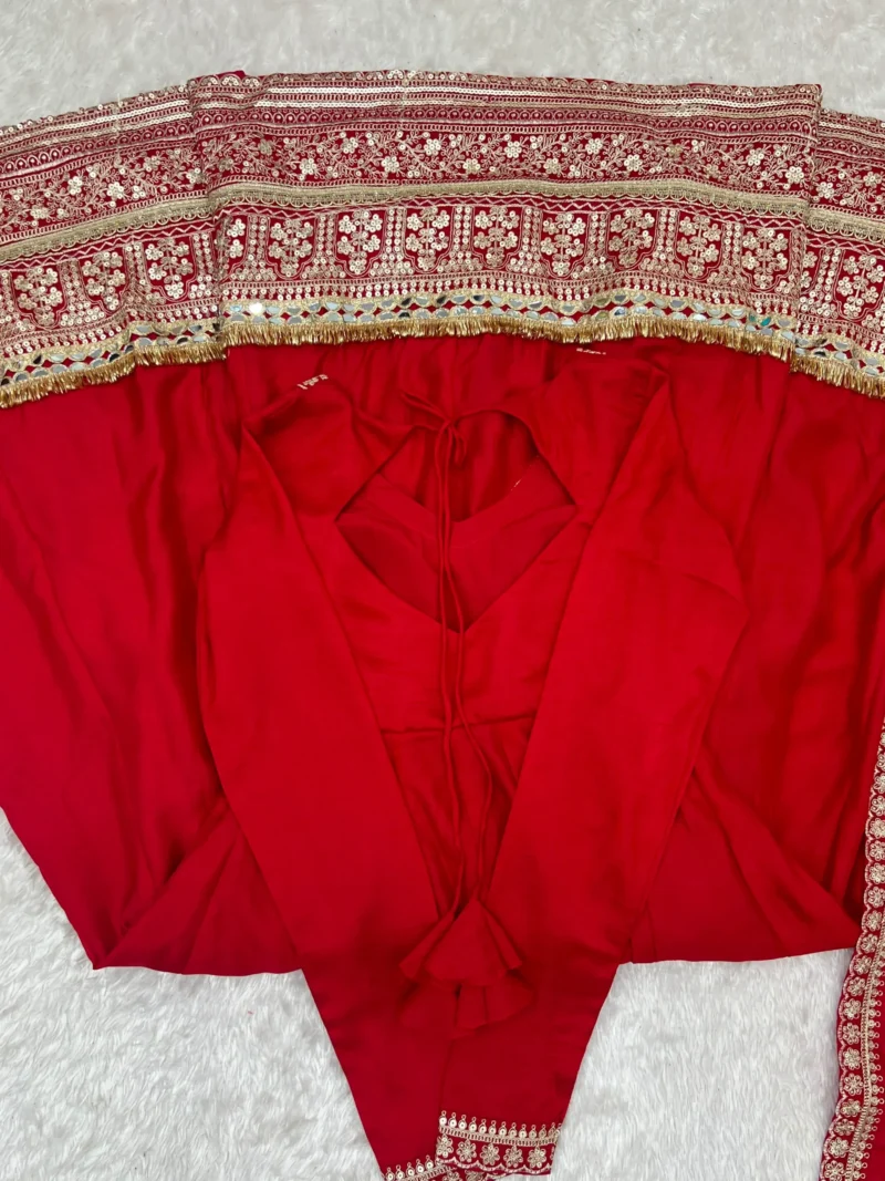 Red Blooming Vichitra Silk Anarkali Gown Set with Dupatta back and border design