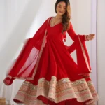 Red Blooming Vichitra Silk Anarkali Gown Set with Dupatta front look
