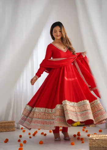 Red Blooming Vichitra Silk Anarkali Gown Set with Dupatta flair look