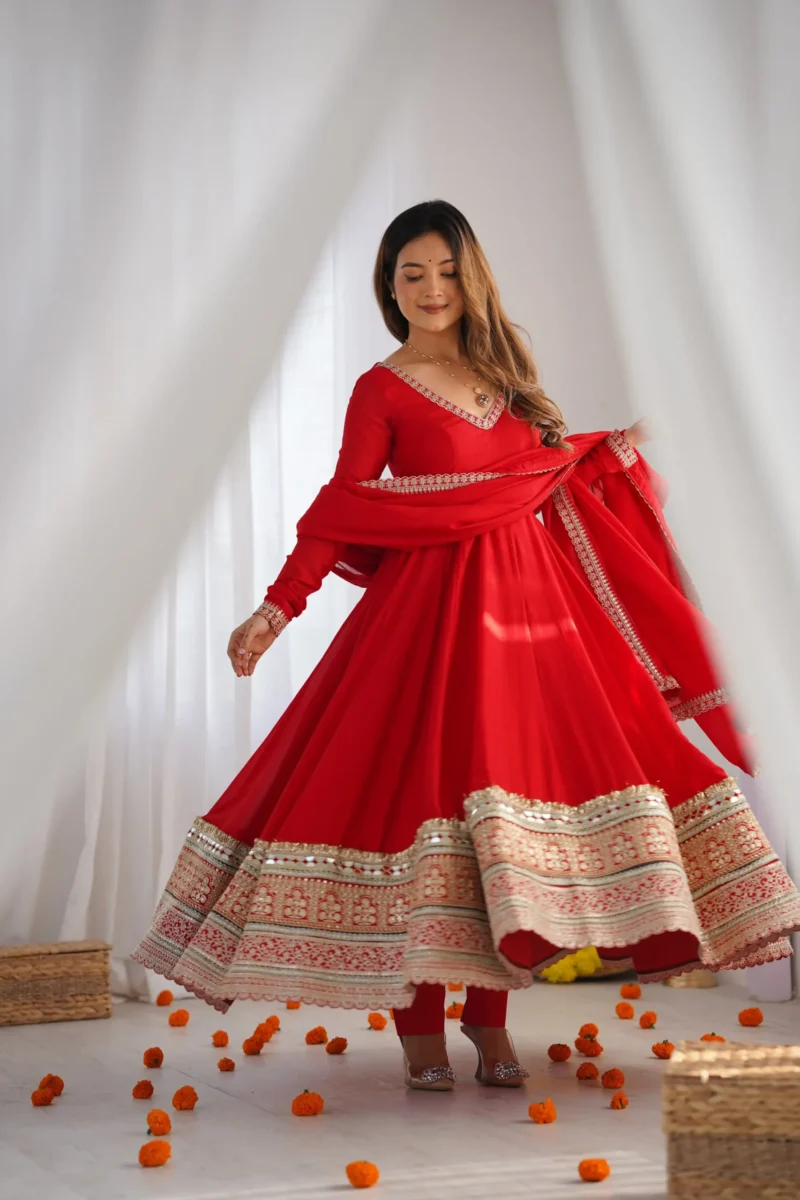 Red Blooming Vichitra Silk Anarkali Gown Set with Dupatta flair look