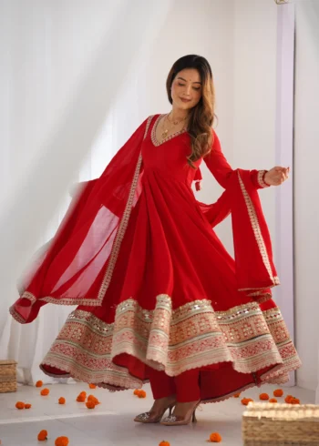 Red Blooming Vichitra Silk Anarkali Gown Set with Dupatta front look