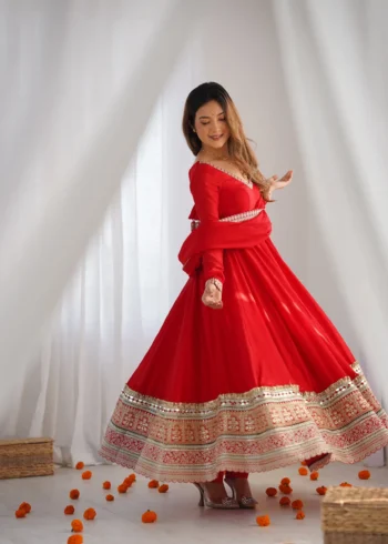 Red Blooming Vichitra Silk Anarkali Gown Set with Dupatta side look