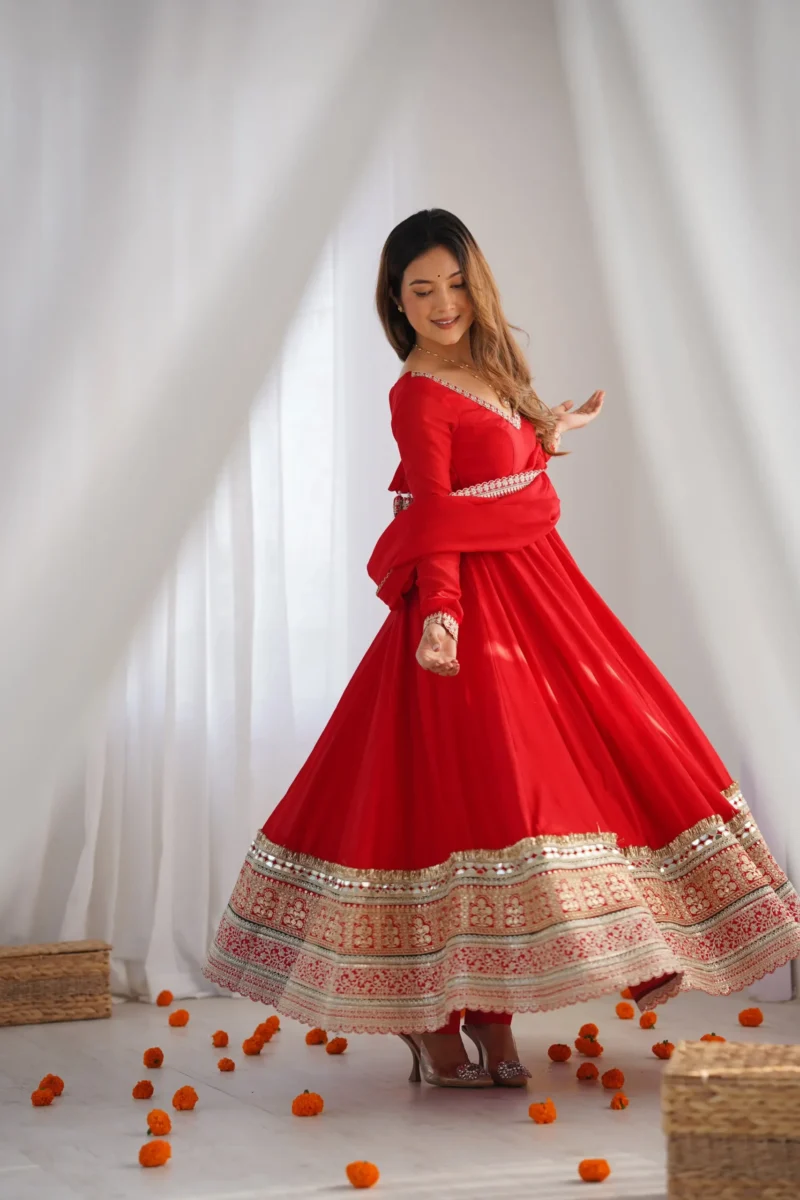 Red Blooming Vichitra Silk Anarkali Gown Set with Dupatta side look