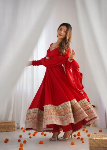 Red Blooming Vichitra Silk Anarkali Gown Set with Dupatta side