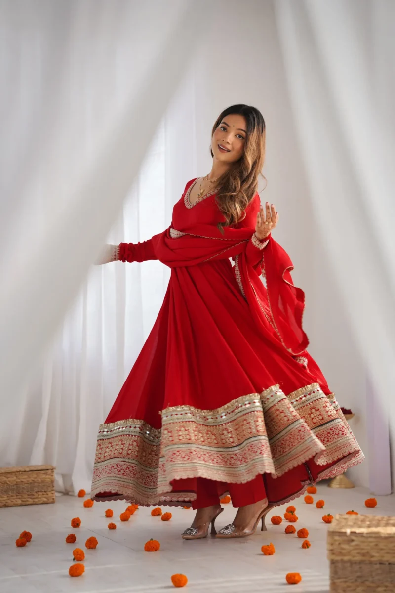 Red Blooming Vichitra Silk Anarkali Gown Set with Dupatta side