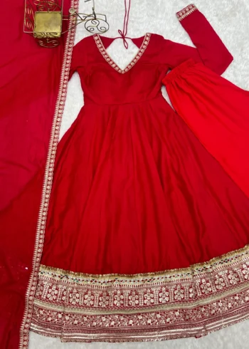 Red Blooming Vichitra Silk Anarkali Gown Set with Dupatta live
