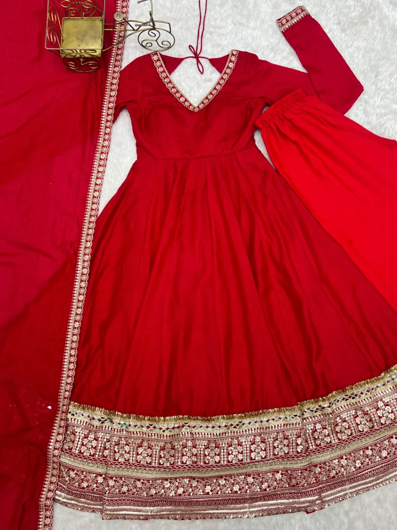 Red Blooming Vichitra Silk Anarkali Gown Set with Dupatta live