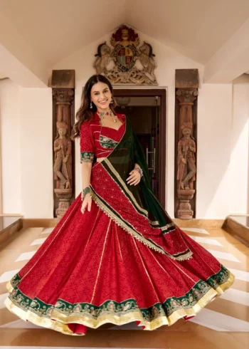Red Georgette Bandhej Foil Print Navratri Garba Lehenga side look