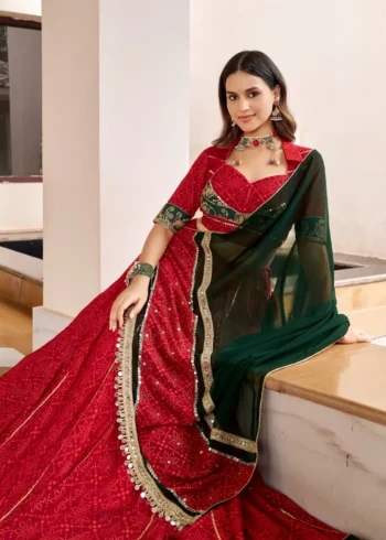 Red Georgette Bandhej Foil Print Navratri Garba Lehenga