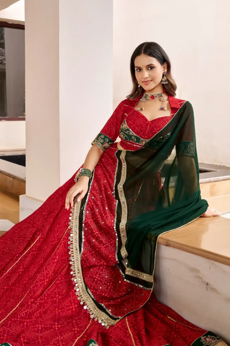Red Georgette Bandhej Foil Print Navratri Garba Lehenga