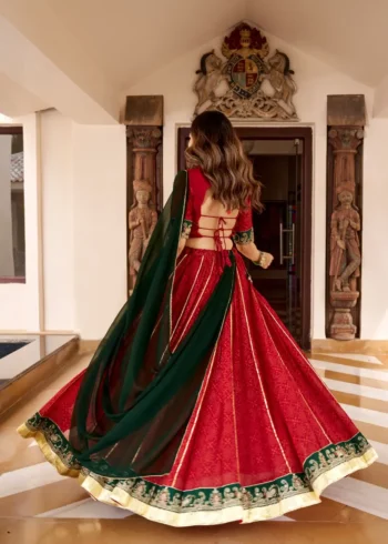 Red Georgette Bandhej Foil Print Navratri Garba Lehenga back side