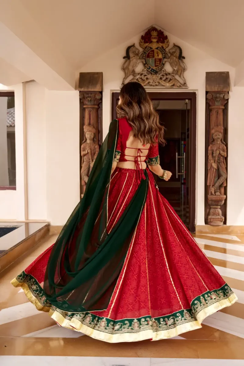 Red Georgette Bandhej Foil Print Navratri Garba Lehenga back side