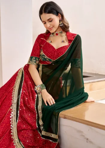 Red Georgette Bandhej Foil Print Navratri Garba Lehenga close look