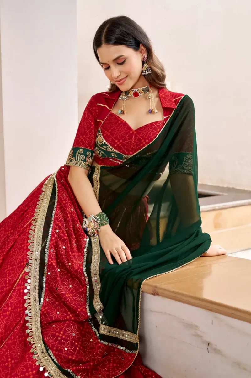 Red Georgette Bandhej Foil Print Navratri Garba Lehenga close look