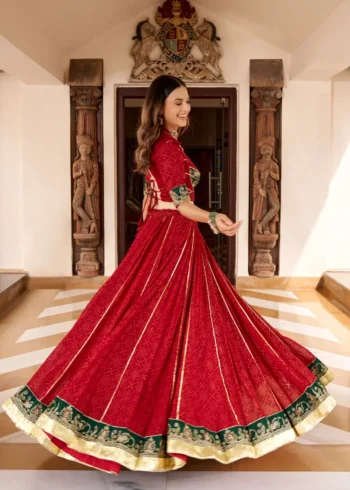 Red Georgette Bandhej Foil Print Navratri Garba Lehenga flair