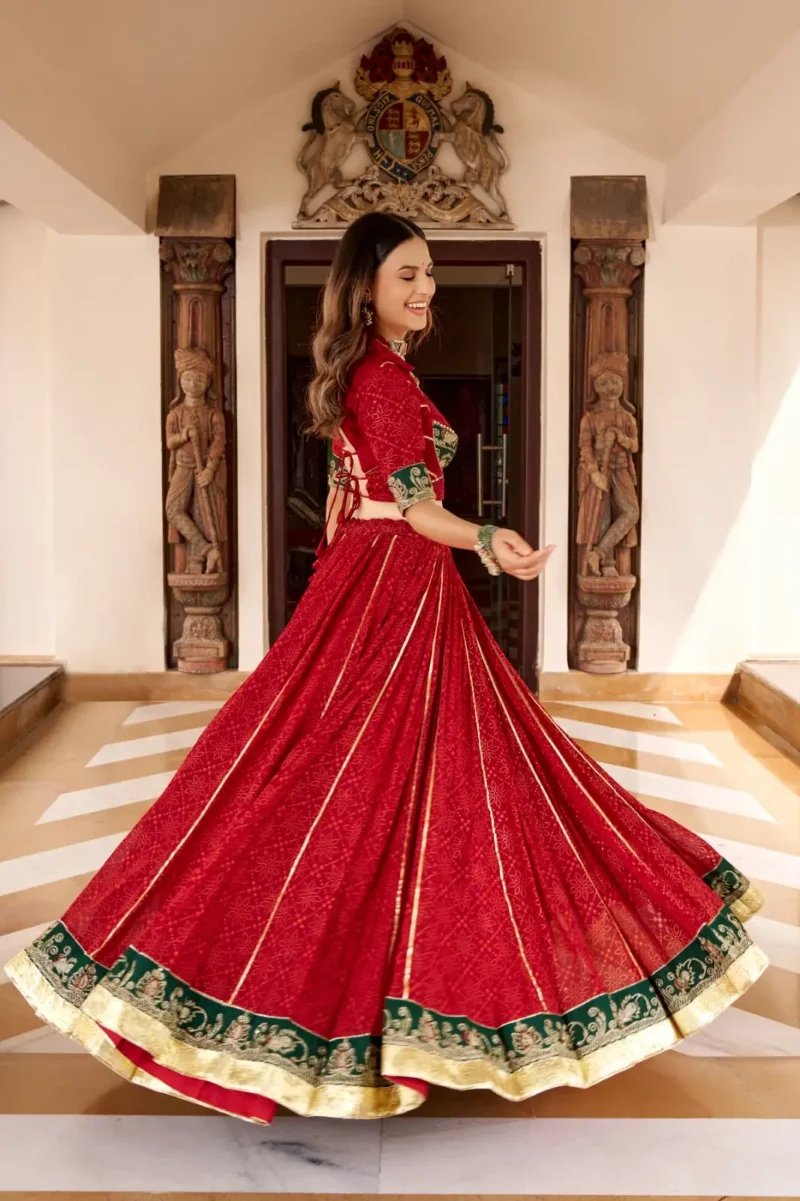 Red Georgette Bandhej Foil Print Navratri Garba Lehenga flair