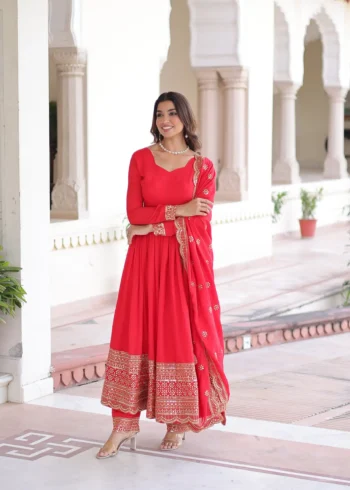 Red Vichitra Silk Designer Gown with Sequin Embroidery Pant and Dupatta