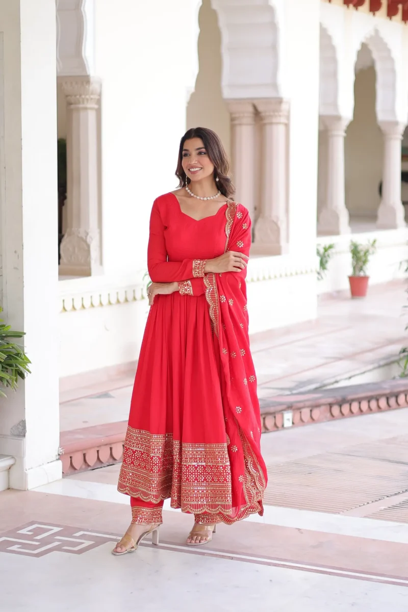 Red Vichitra Silk Designer Gown with Sequin Embroidery Pant and Dupatta