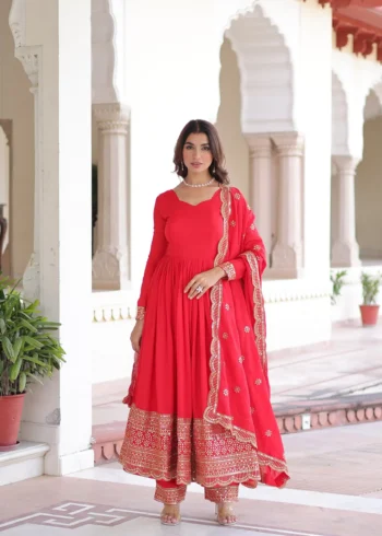 Red Vichitra Silk Designer Gown with Sequin Embroidery Pant and Dupatta front look