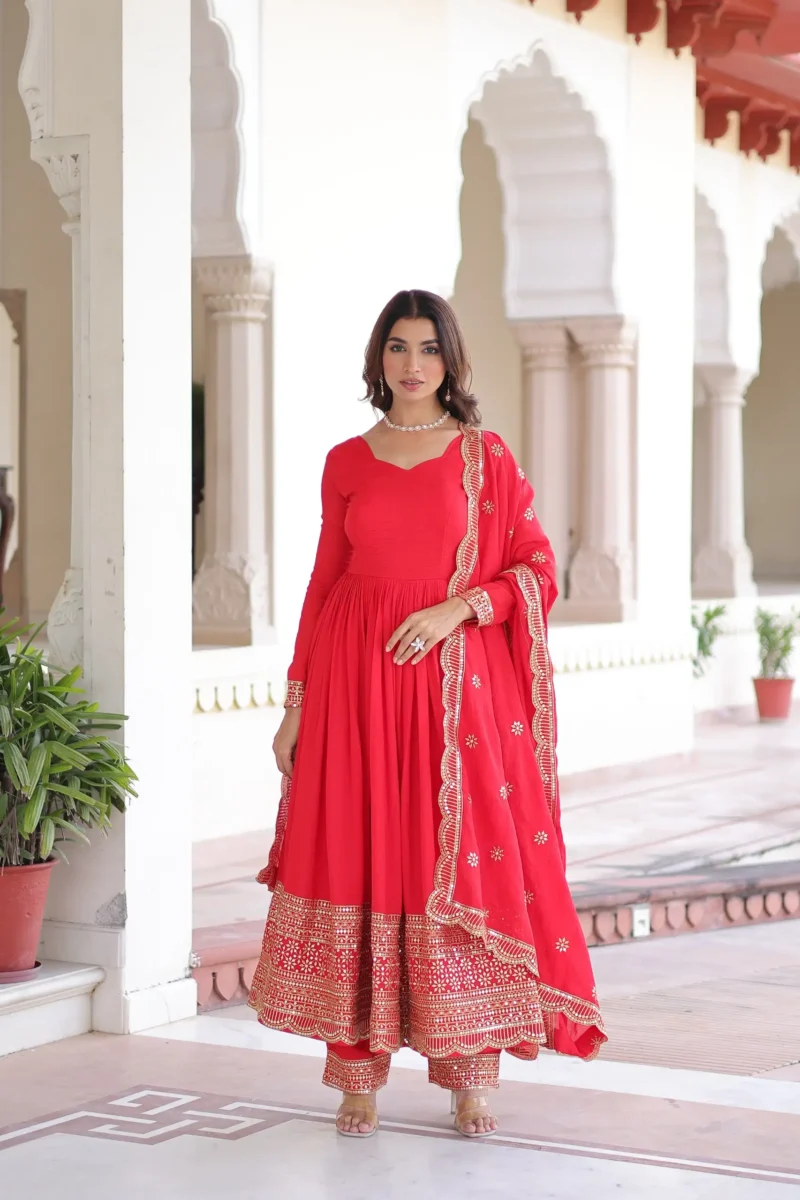 Red Vichitra Silk Designer Gown with Sequin Embroidery Pant and Dupatta front look