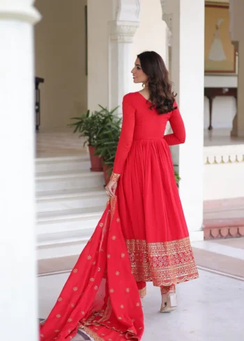 Red Vichitra Silk Designer Gown with Sequin Embroidery Pant and Dupatta back side